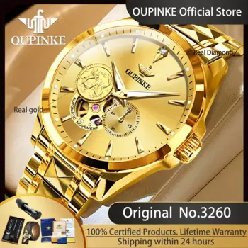 Автоматические Мужские часы OUPINKE 3260, настоящие бриллианты, реальный золотой скелет, мужские часы с драконом, водонепроницаемые механические наручные часы с хронографом