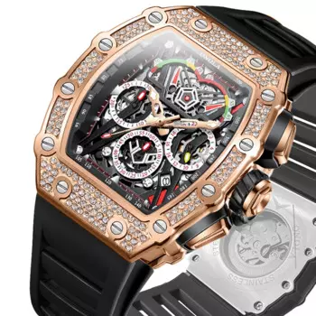 Автоматические Мужские часы Tonneau, роскошные механические часы цвета розового золота с инкрустацией стразами, модные деловые водонепроницаемые часы для мужчин
