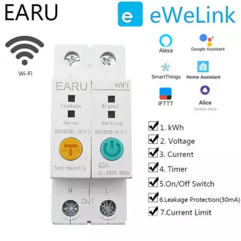 Автоматический выключатель 2P, измеритель мощности и энергии в кВтч, с Wi-Fi, таймером, реле напряжения, защита от утечки тока, RCCB RCBO Limitter