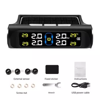 Автомобильная интеллектуальная система контроля давления в шинах на солнечной батарее TPMS с 4 внешними датчиками для измерения давления воздуха в шинах