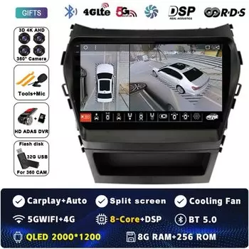 Автомобильное радио Android 14 Carplay для Hyundai Santa Fe 3 Grand IX45 2012-2017 навигация GPS мультимедийный плеер WiFi + 4G стерео видео