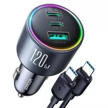 Автомобильное зарядное устройство Joyroom 120 Вт USB C 3-портовое автомобильное зарядное устройство для телефона Быстрая зарядка нескольких устройств PD 100 Вт и 35 Вт QC 3.0/4.0