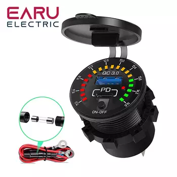 Автомобильное зарядное устройство с двумя USB-портами QC 3.0, 36 Вт со светодиодным вольтметром, переключателем включения и выключения, 12/24 В, водонепроницаемая розетка USB PD, быстрая зарядка для автомобиля, мотоцикла