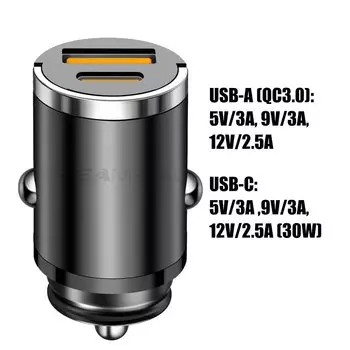 Автомобильное Зарядное Устройство SEAMETAL 100 Вт USB Super Fast Dual Port USB-C PD 30 Вт QC 3.0