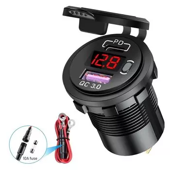 Автомобильное зарядное устройство USB C, 12 В/24 В, двойная розетка USB PD3.0 и QC3.0, автомобильный USB-порт со светодиодным вольтметром и переключателем включения/выключения