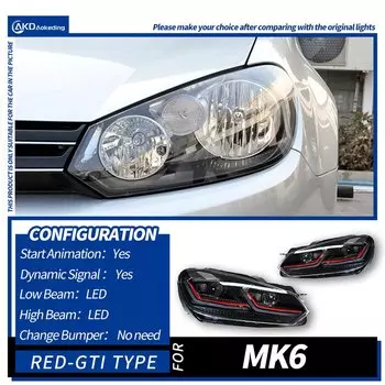 Автомобильные фары для VW Golf 6 MK6 jetta R20, черные светодиодные фары в стиле самурая 2009-2012, фара DRL, сигнальный проектор