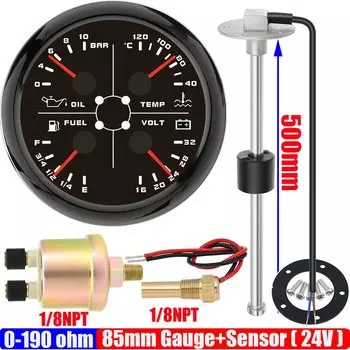 Автомобильный 0-190 Ом 85 мм манометр + датчик 1/8NPT красный светодиод 4IN1 давление масла + температура воды + датчик уровня топлива + вольтметр с сигнализацией 24 В на заказ