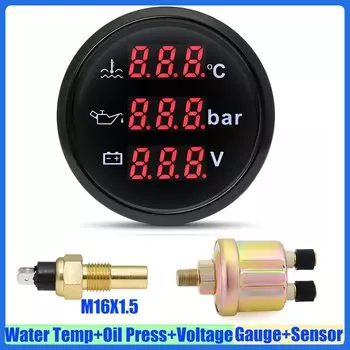 Автомобильный датчик 3 в 1, 52 мм, датчик температуры воды + давление масла + вольт с сигнализацией, красный светодиод, цифровой датчик температуры воды + датчик 12 В 24 В на заказ
