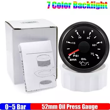 Автомобильный манометр масла 2 дюйма, 52 мм, 7 цветов, подсветка, 0 ~ 5 бар, 0-10 бар, индикатор давления масла для автофургона, морской лодки, 12 В, 24 В, на заказ