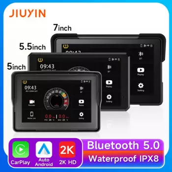 Мотоциклетная GPS-навигация, беспроводной CarPlay, Android, мультимедийный плеер, 2K HD-рекордер, IP67, водонепроницаемый экран, Bluetoo