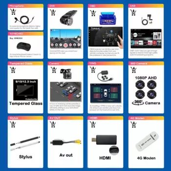 Автомобильный мультимедийный плеер RSNAVI с навигацией на экране Android, дополнительные аксессуары, DVR OBD HDMI AV OUT DAB TPMS Stylus 4G Moden 360