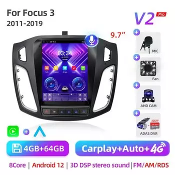 Автомобильный радиоприемник 8 ядер 2 Din Android 12 для Ford Focus 3 Mk 3 2011 2012-2019 Мультимедийный видеоплеер 2Din Carplay Auto Stereo DVD