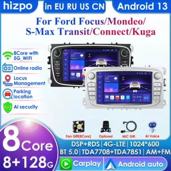 Автомобильный радиоприемник Hizpo 2 Din Android 12, для FORD/Focus/S-MAX/Mondeo/C-MAX/Galaxy, автомобильный мультимедийный плеер, видео GPS, USB-видеорегистратор, камера FM WIFI