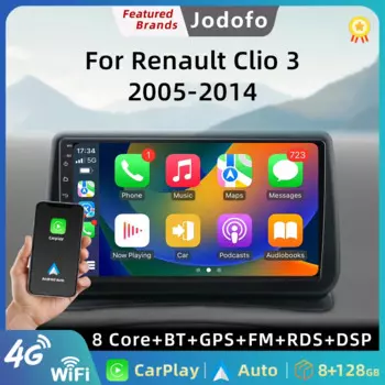 Автомобильный радиоприемник Jodofo для Renault Clio 3 2005-2014, беспроводной CarPlay, Android, 4G, мультимедийный плеер, навигация, GPS, 2din, Авторадио