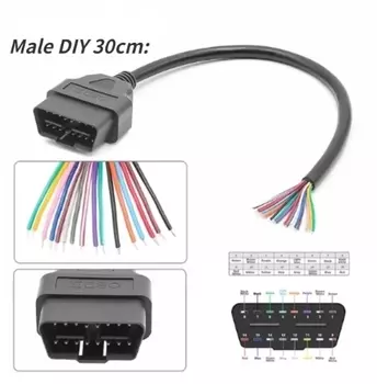 Автомобильный сканер OBD2, 16-контактный разъем мама/папа, для открытия кабеля OBDII, длина 30 см