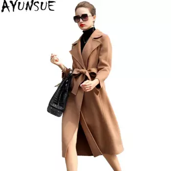 AYUNSUE 2020 европейское шерстяное пальто, женское длинное зимнее пальто с поясом, женские двусторонние кашемировые пальто, женская весенняя куртка 15D1131
