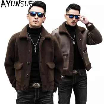 AYUNSUE Куртки из натуральной кожи Зимняя куртка из овчины Мужская двусторонняя мужская кожаная куртка Кожаная Куртка Мужская