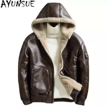 AYUNSUE Куртки из натуральной овчины, мужская двусторонняя кожаная куртка с капюшоном, зимняя мужская одежда Кожаная Куртка Мужская
