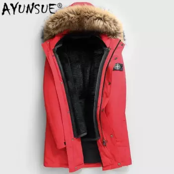 AYUNSUE Мужская парка с натуральным мехом, зимняя пуховая куртка с подкладкой из кроличьего меха, пальто с воротником из енота, мужские парки 2025 KD_81001