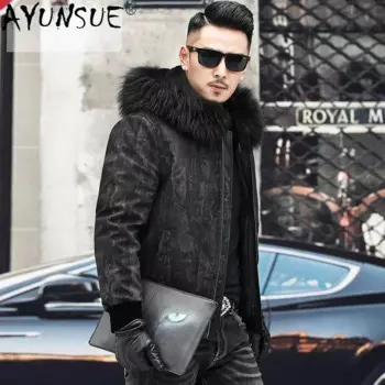 AYUNSUE Мужская зимняя парка с капюшоном, Женская куртка, мужское 2025 теплое пальто с большим воротником енота, Мужское пальто Gxy797
