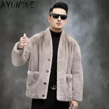 AYUNSUE настоящая норковая шуба для мужчин зимние куртки 2022 Теплая мужская шуба модная с V-образным вырезом и карманами норковая Меховая куртка высокого класса SGG860