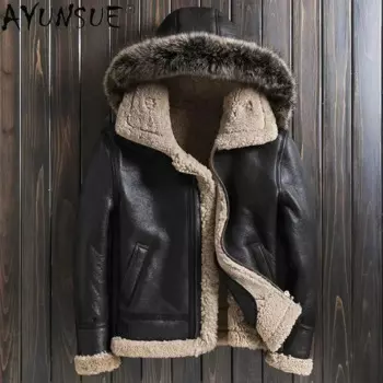 AYUNSUE натуральное меховое пальто, зимние куртки для мужчин, 2025 натуральная Seepskin, теплое пальто из натуральной кожи, куртка со съемным капюшоном SGG687