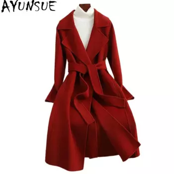 AYUNSUE шерстяное пальто 100% женское 2024, осенне-зимнее длинное пальто, женские новые пальто, куртки, модная женская одежда Пальто Женское