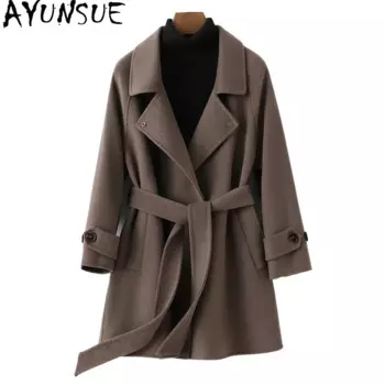 AYUNSUE шерстяное пальто 100% женское 2024, осенне-зимнее пальто средней длины, женское новое пальто, куртки, роскошная свободная женская одежда пальто