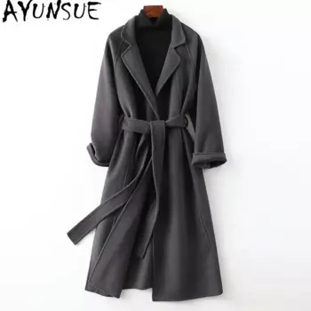 AYUNSUE шерстяное пальто 100% женское 2024, осенне-зимнее длинное пальто с поясом, женские новые пальто, куртки, повседневная женская одежда пальто