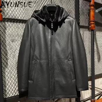 AYUNSUE теплое пальто из натурального меха, мужские зимние куртки, 2025 натуральная кожаная куртка, Мужская одежда с капюшоном Куртки из натуральной овечьей кожи SGG