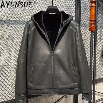 AYUNSUE утепленная куртка из натурального меха, мужская зимняя куртка, 2025 натуральная овчина, кожаные куртки, Мужская одежда, капюшон, пальто Abrigos SGG