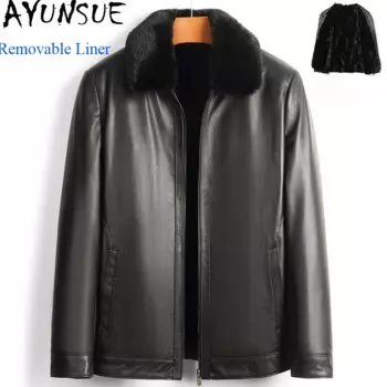 AYUNSUE зимняя куртка из натуральной коровьей кожи, мужское пальто с подкладкой из натурального норкового меха, модные мужские пуховые пальто Кожаная Куртка Мужская