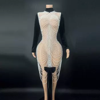 Ажурное жемчужное сексуальное длинное платье для фестиваля яркое бальное Вечернее платье для ночного клуба бара женский танцевальный костюм для выступления певицы