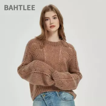BAHTLEE-Женский вязаный свитер с рукавами-фонариками, Свободный пуловер, короткий шерстяной джемпер, вырез, осень, зима