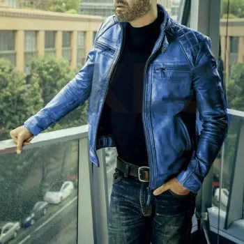 Байкерская мужская синяя кожаная куртка, стильное приталенное мотоциклетное пальто, верхняя одежда из натуральной кожи