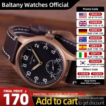 Baltany Бронзовые часы Dirty Dozen B2058 Seagull ST3620 Механизм с ручным заводом 50 м Водонепроницаемые WW2 Военные мужские часы в стиле ретро