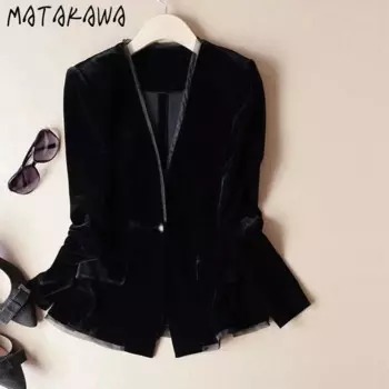 Бархатный блейзер Matakawa для женщин, весна-осень, винтажный однотонный черный блейзер с V-образным вырезом, женский простой блейзер для офиса