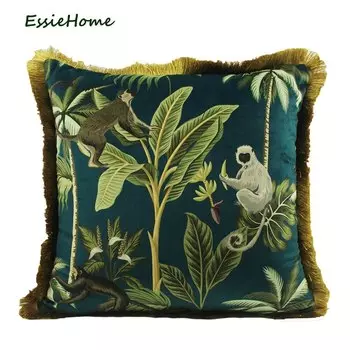 Бархатный чехол для подушки ESSIE HOME с тропическим принтом Jaguar