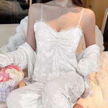 Бархатный пижамный комплект из 3 предметов, новинка осень-зима, женская одежда для сна, домашняя одежда, сексуальное кружевное интимное белье, велюровый домашний костюм с брюками