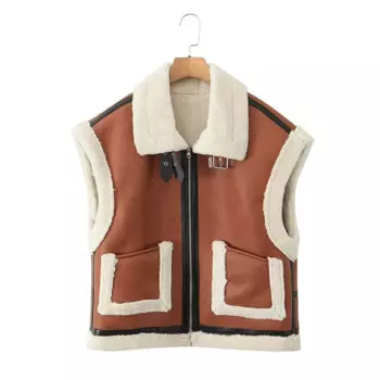 Бархатный теплый жилет из овечьей кожи, винтажный утепленный жилет на молнии с карманами из меха ягненка, женский жилет с меховой вставкой на осень и зиму