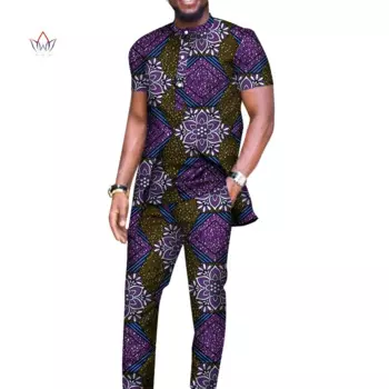 Bazin Riche Мужские комплекты из 2 предметов со штанами Африканский дизайн Одежда Африканская одежда Повседневная мужская длинная верхняя рубашка и брюки Комплекты WYN514