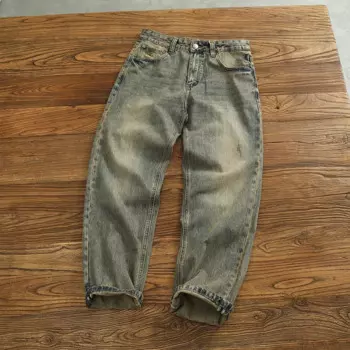 Базовые простые все свободные прямые джинсы мужские винтажные старые стирки пустыни цвета тяжелые джинсовые брюки тренд