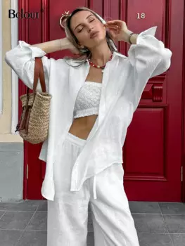Bclout осенние хлопковые белые брюки, женские комплекты из 2 предметов, Модные свободные блузки с длинным рукавом, элегантные льняные костюмы в полоску с длинными брюками