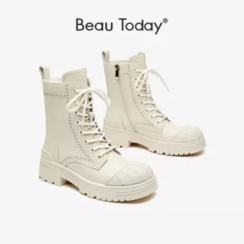 BeauToday/женские ботильоны из натуральной коровьей кожи; Разноцветные мотоциклетные ботинки с боковой молнией и круглым носком; Женская обувь размера плюс 04605