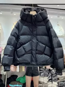 Белая куртка на утином пуху, женская повседневная парка с перьями, верхняя одежда, зима 2024, короткое свободное пуховое пальто с капюшоном, толстое теплое женское пальто