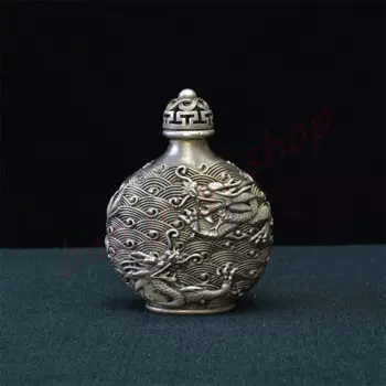 Белая медь/Посеребренная табак бутылка/двойной дракон жемчуг игра табак бутылка/благоприятные украшения/старые предметы