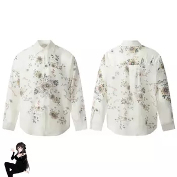 Белая шелковая рубашка с длинным рукавом и цветочным принтом