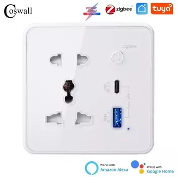 Белая стеклянная умная розетка Coswall с быстрым зарядным устройством 20 Вт