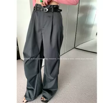 Бело-серые прямые повседневные брюки с высокой талией и широкими штанинами