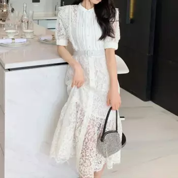 Белое элегантное женское платье, облегающее платье с поясом, летняя однобортная женская одежда, винтажное платье с крючками и цветком, праздничное платье